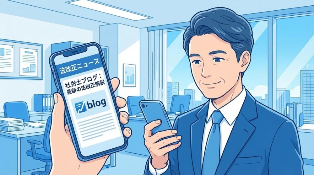 スマホで法改正のニュースを見ている経営者が、検索して社労士のブログに辿り着き、安心した表情を浮かべているイラスト