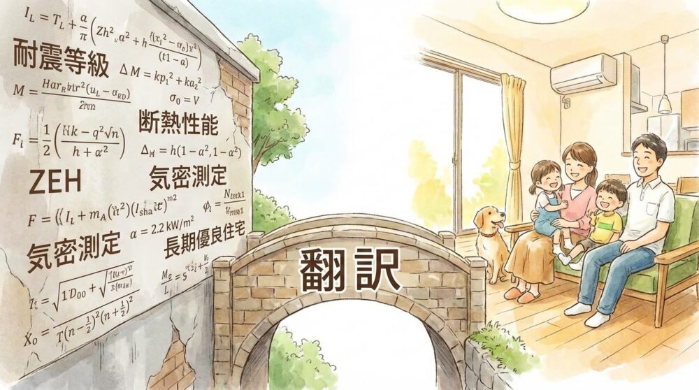 左側に工務店の難しい数式や専門用語が並んだ壁、右側に笑顔で過ごす家族